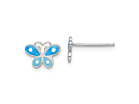 Rhodium Over Sterling Silver Blue Enameled Butterfly Children's Post Earrings