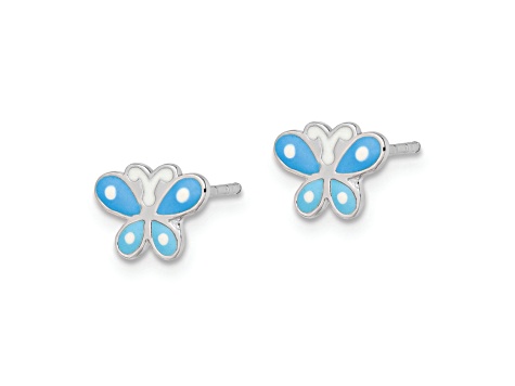 Rhodium Over Sterling Silver Blue Enameled Butterfly Children's Post Earrings