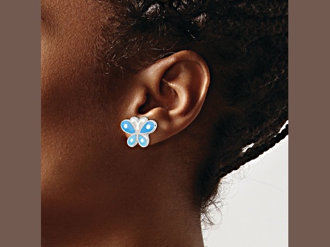 Rhodium Over Sterling Silver Blue Enameled Butterfly Children's Post Earrings