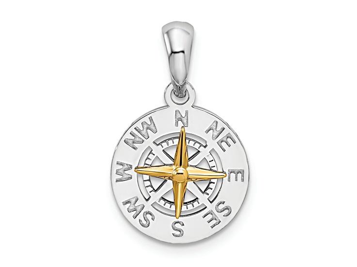 Magic Compass Silver Rhodium Over Sterling Silver Polished Mini Compass with 14k Yellow Gold ...