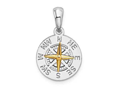 Rhodium Over Sterling Silver Polished Mini Compass with 14k Yellow Gold Needle Pendant