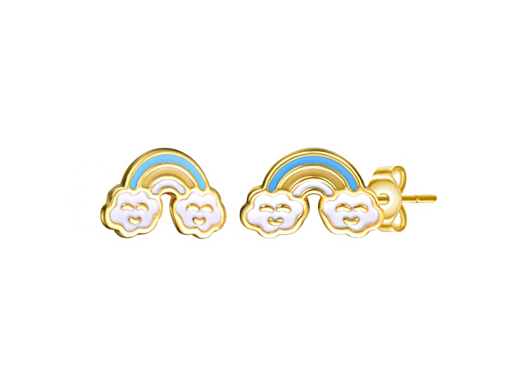 14K Gold Plated over Sterling Silver Colorful Rainbow Enamel & Friendly Cloud Stud Earrings for Kids