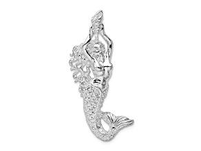 Rhodium Over Sterling Silver Polished Mermaid with Shell Slide Pendant