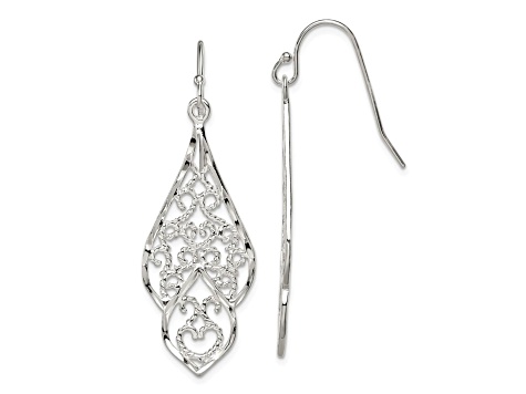 Sterling Silver Polished and Diamond-cut Fancy Filigree Dangle Earrings