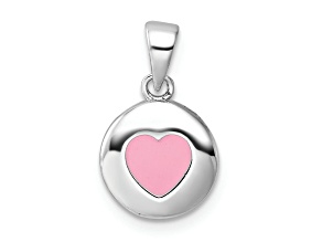 Rhodium Over Sterling Silver Polished Pink Enamel Heart Children's Pendant