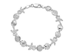 Rhodium Over Sterling Silver Polished Sand Dollar, Shell, Starfish Bracelet