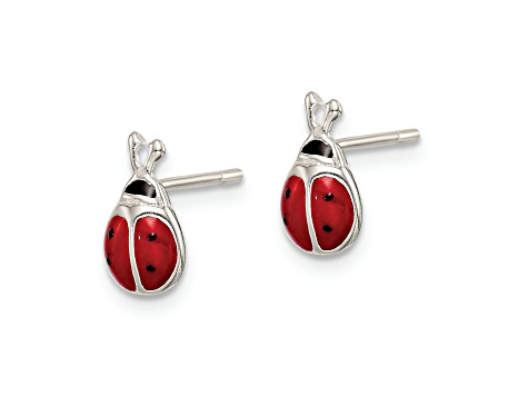 Sterling Silver Polished Red/Black Enameled Ladybug Post Earrings