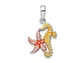 Rhodium Over Sterling Silver Enameled Starfish and Seahorse Pendant