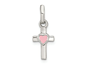 Rhodium Over Sterling Silver Cross Pink Enamel Heart Pendant