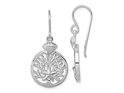 Rhodium Over Sterling Silver Starfish and Scallop Shell Reef Dangle Earrings