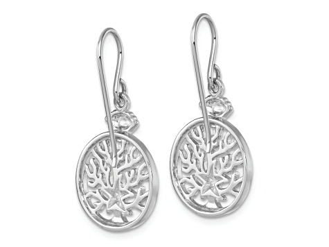 Rhodium Over Sterling Silver Starfish and Scallop Shell Reef Dangle Earrings