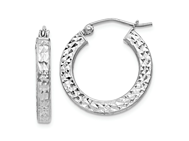 Rhodium Over Sterling Silver Diamond-cut 3x20mm Square Tube Hoop Earrings