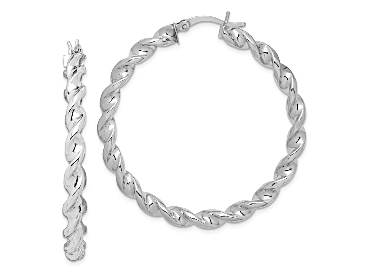 Rhodium Over Sterling Silver Twisted 3.5x45mm Hoop Earrings