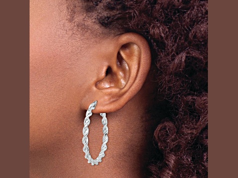 Rhodium Over Sterling Silver Twisted 3.5x45mm Hoop Earrings