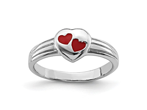 Rhodium Over Sterling Silver Polished and Red Enameled Heart Children's Ring