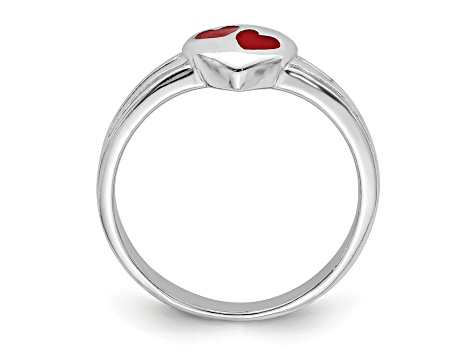 Rhodium Over Sterling Silver Polished and Red Enameled Heart Children's Ring