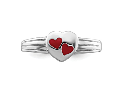Rhodium Over Sterling Silver Polished and Red Enameled Heart Children's Ring
