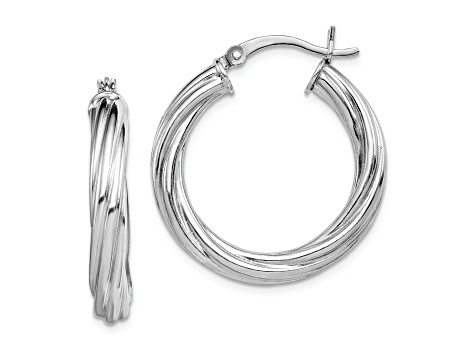 Rhodium Over Sterling Silver Twisted 4x25mm Hoop Earrings