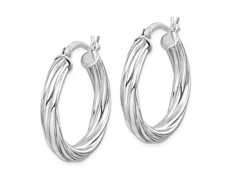 Rhodium Over Sterling Silver Twisted 4x25mm Hoop Earrings
