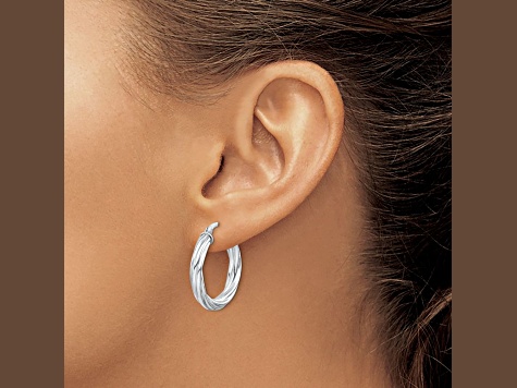 Rhodium Over Sterling Silver Twisted 4x25mm Hoop Earrings