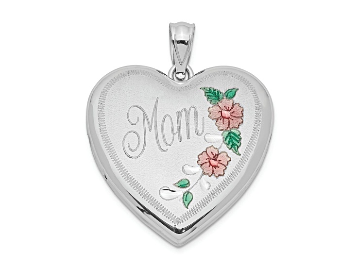 Rhodium Over Sterling Silver 24mm Enameled Floral Mom Heart Locket Pendant