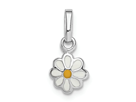 Rhodium Over Sterling Silver White and Yellow Enamel Daisy Children's Pendant