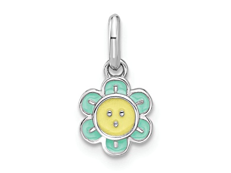 Rhodium Over Sterling Silver Blue and Yellow Enamel Flower Children's Pendant