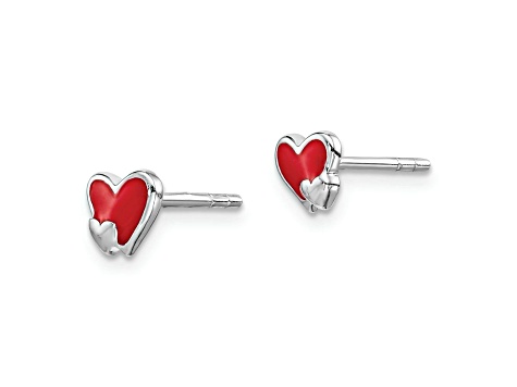 Rhodium Over Sterling Silver Red Enamel Double Heart Post Earrings