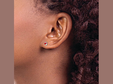 Rhodium Over Sterling Silver Red Enamel Double Heart Post Earrings