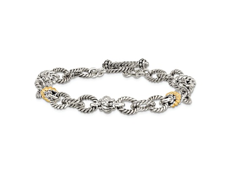 Sterling Silver with 14K Yellow Gold Over Sterling Silver Accent Oxidized 7.5-inch Link Bracelet