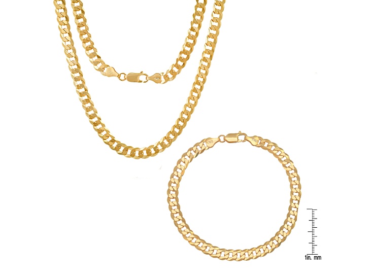 Unisex 14K Yellow Gold Over Sterling Silver Diamond Cut Curb Link Bracelet and Chain Set