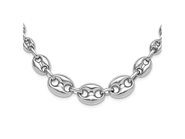 Rhodium Over Sterling Silver Hollow Graduated Marina Link 17-inch Necklace