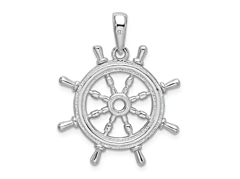 Rhodium Over Sterling Silver Polished Cut-out 3D Ships Wheel Pendant