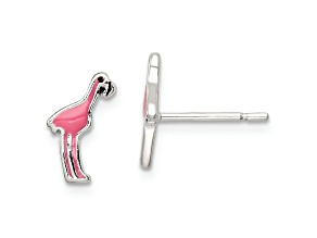 Sterling Silver Polished Pink and Black Enameled Flamingo Post Earrings