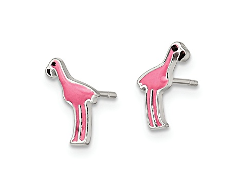 Sterling Silver Polished Pink and Black Enameled Flamingo Post Earrings