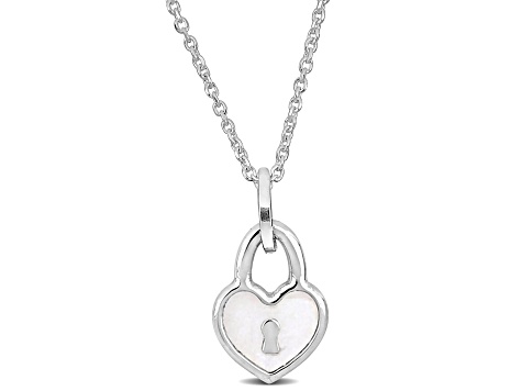 Children's White Enamel Heart Lock Charm Necklace in Sterling Silver