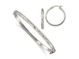 Sterling Silver Diamond-cut 4mm Bangle and 3mm Hoop Earring Set