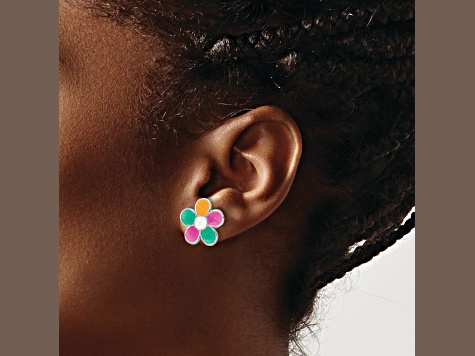 Rhodium Over Sterling Silver Enamel Flower Children's Post Earrings