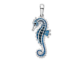 Rhodium Over Sterling Silver Polished 3D Enameled Blue Seahorse Pendant