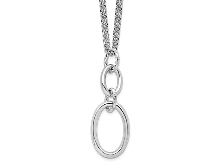 Rhodium Over Sterling Silver Twisted Textured Oval Pendant with Two Strand 16 Inch Cable Chain