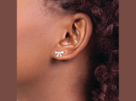 Rhodium Over Sterling Silver Pink Enamel Bow Children's Post Earrings