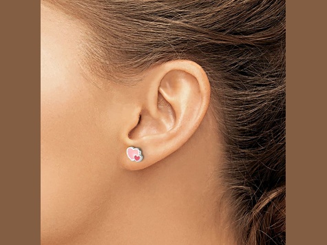 Rhodium Over Sterling Silver Pink Enamel Double Heart Post Earrings
