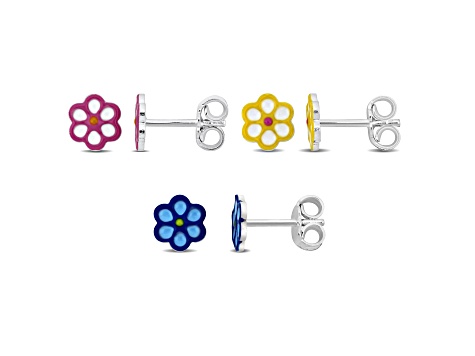 3-Pc Set of Children's Sterling Silver Multi-Color Enamel Flower Stud Earrings