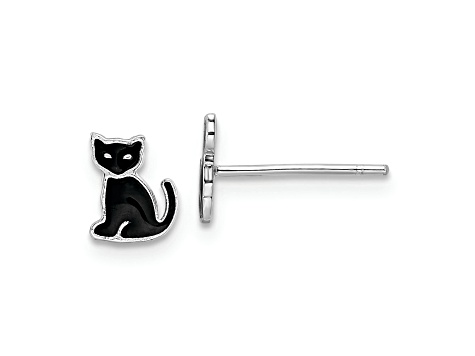 Rhodium Over Sterling Silver Polished Black Enameled Cat Post Earrings