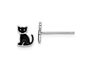 Rhodium Over Sterling Silver Polished Black Enameled Cat Post Earrings