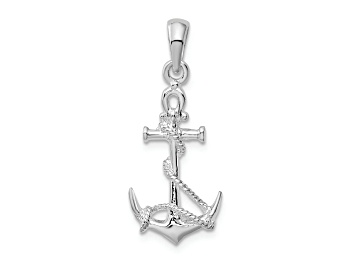 Picture of Rhodium Over Sterling Silver 3D Anchor with Rope and Shackle Pendant