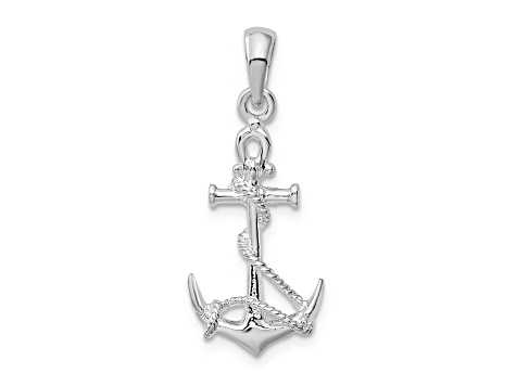 Rhodium Over Sterling Silver 3D Anchor with Rope and Shackle Pendant