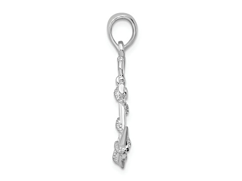 Rhodium Over Sterling Silver 3D Anchor with Rope and Shackle Pendant