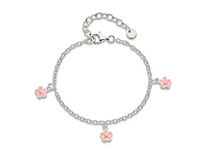 Sterling Silver Pink Enamel Flowers with 1.5-inch Extension Children's Bracelet
