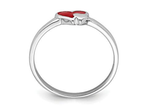 Rhodium Over Sterling Silver Red Enameled Double Heart Children's Ring